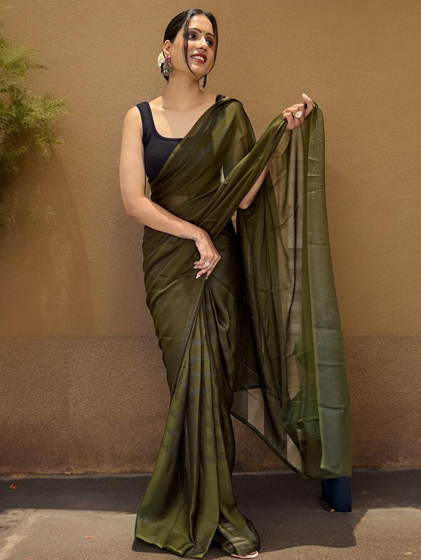 olive self design saree with blouse - 21359302 - Standard Image - 1