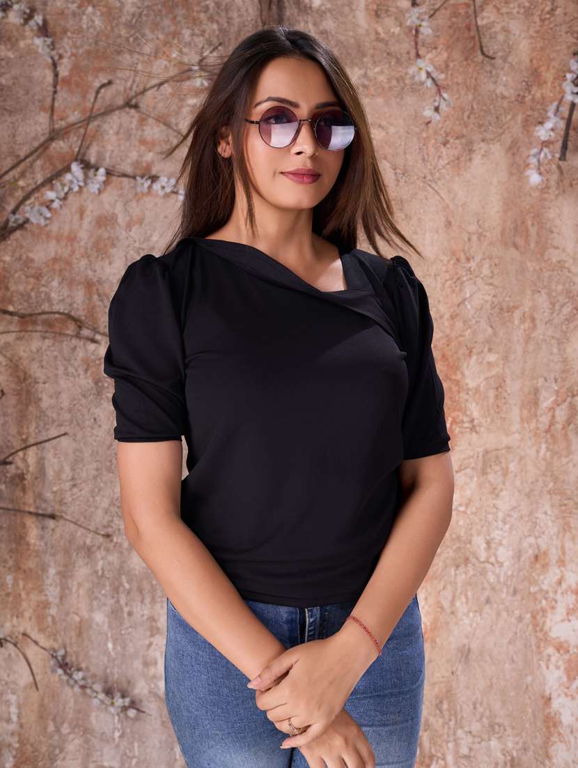 women solid puff sleeves straight top - 21359994 -  Standard Image - 1