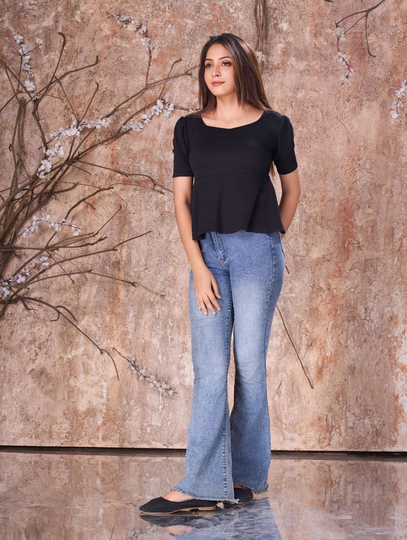 women solid puff sleeves peplum top - 21359999 - Standard Image - 4