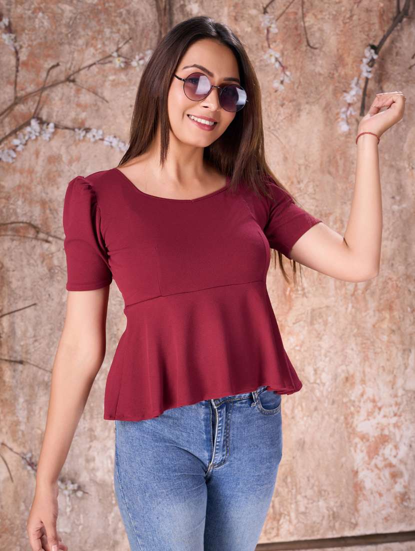 women solid puff sleeves peplum top - 21360000 -  Standard Image - 1