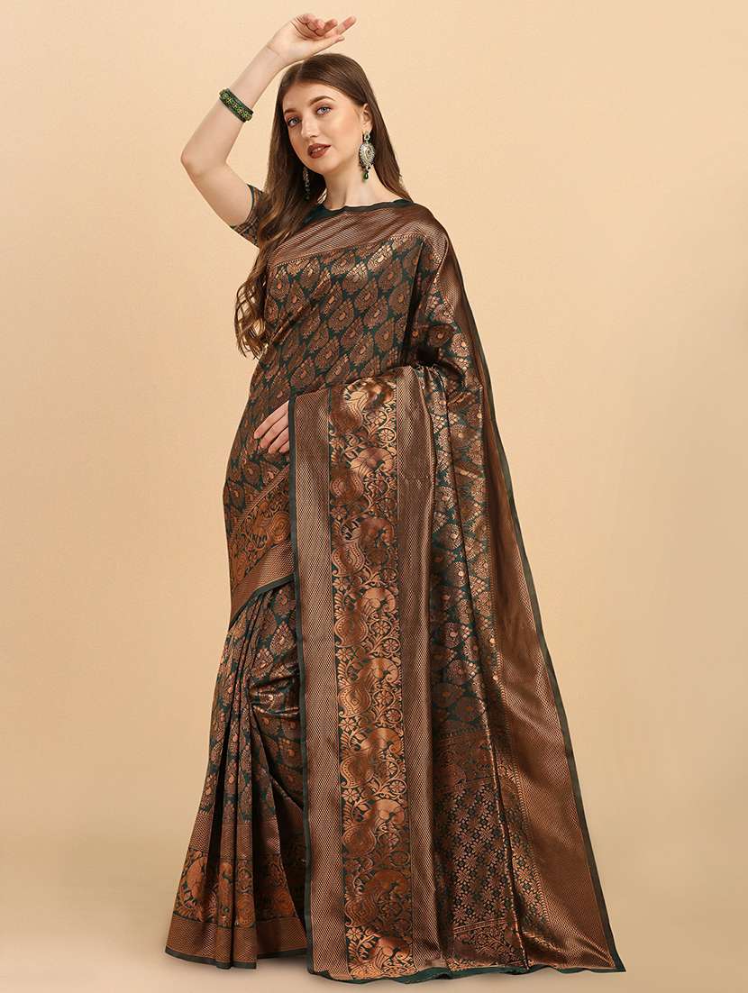 green jacquard banarasi saree with blouse - 21360717 - Standard Image - 1