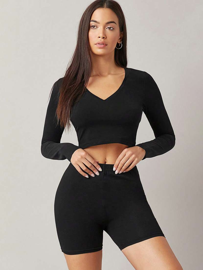 black lycra solid crop top - 21363749 -  Standard Image - 1