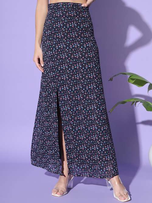 women navy blue floral printed flared skirt - 21363767 -  Standard Image - 0