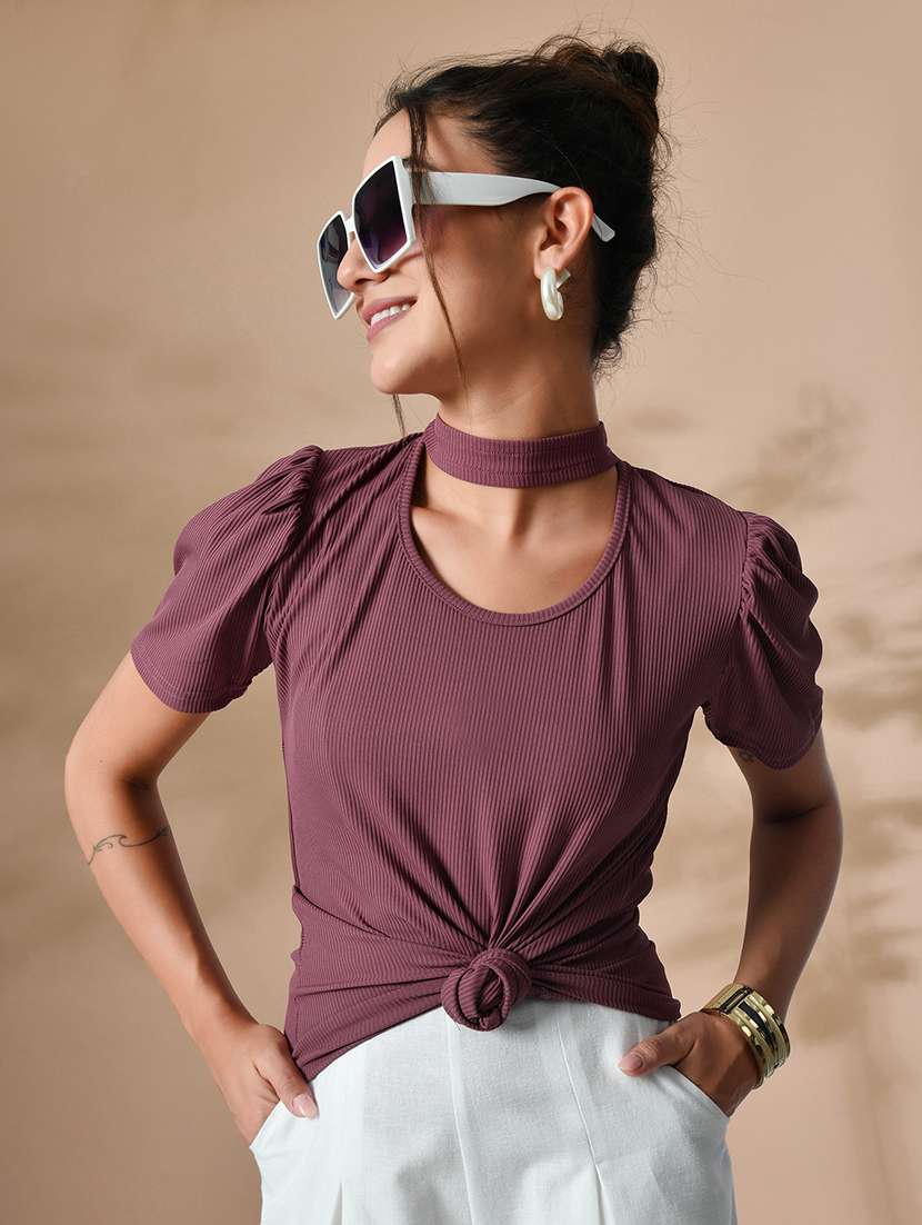 women solid chocker neck straight top - 21364507 -  Standard Image - 1