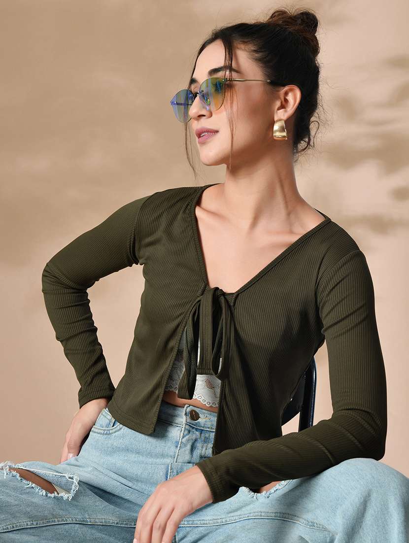 women solid long sleeves front tie up top - 21364518 - Standard Image - 1