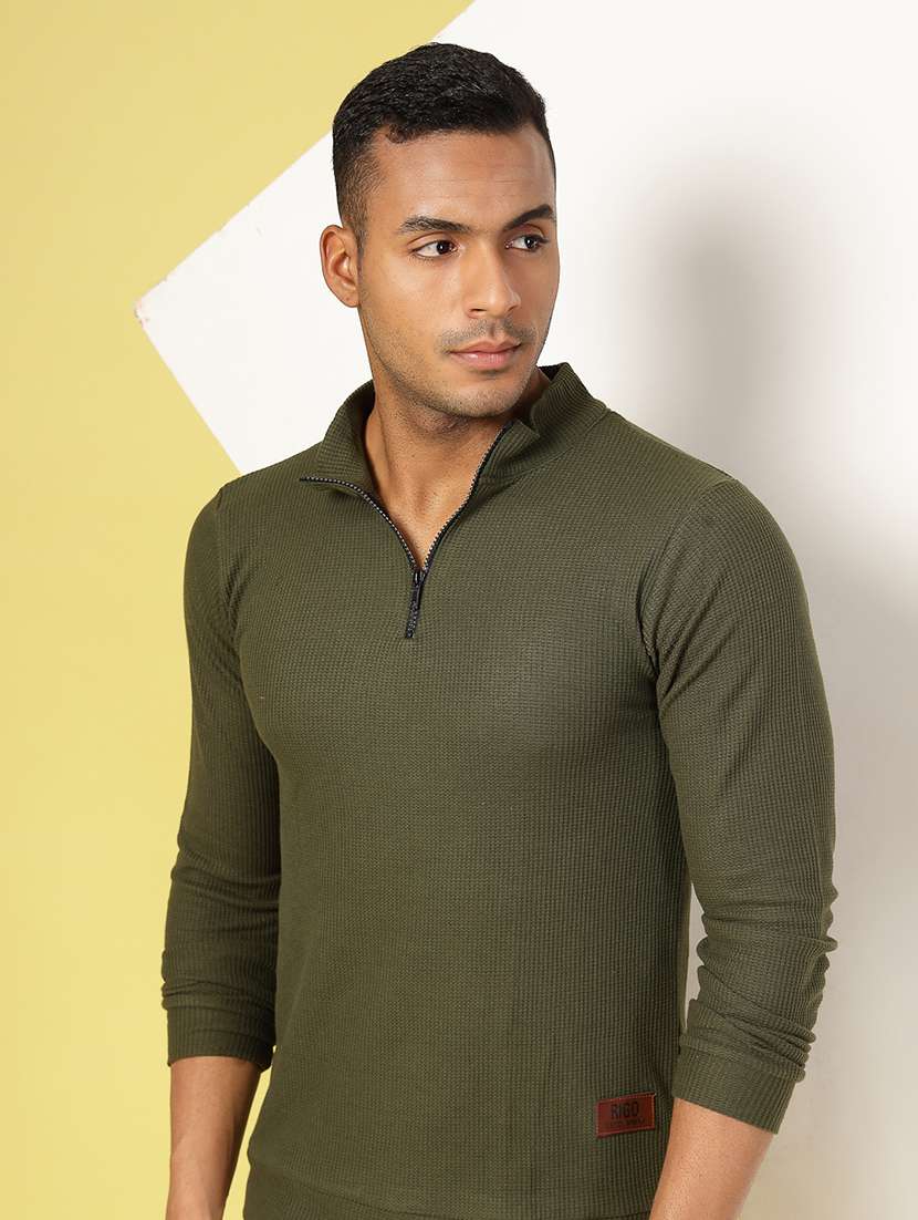 men olive green regular fit solid plus size t-shirt with stand collar