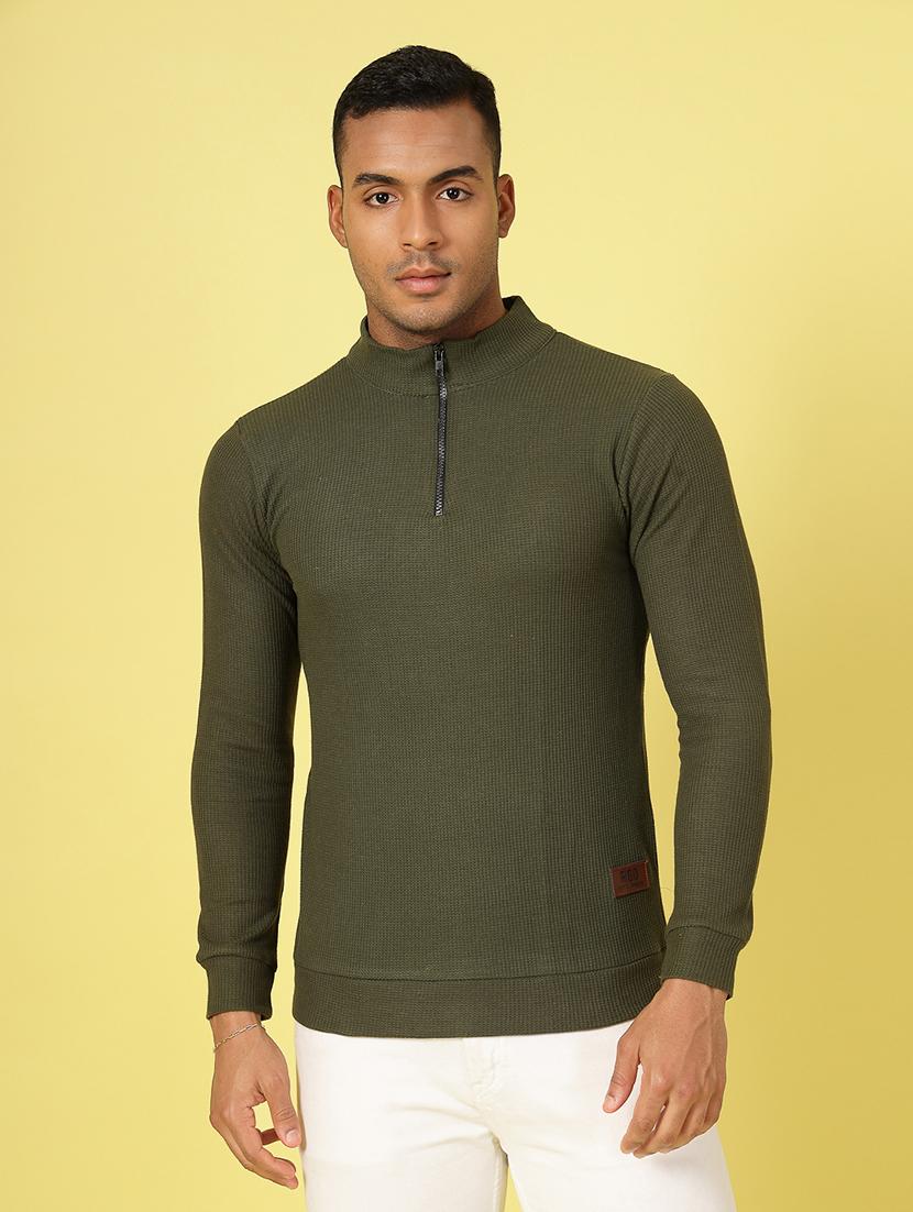 men olive green regular fit solid plus size t-shirt with stand collar - 21364558 -  Standard Image - 1