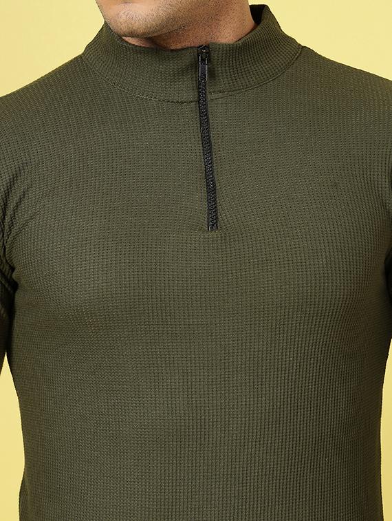 men olive green regular fit solid plus size t-shirt with stand collar - 21364558 - Standard Image - 4