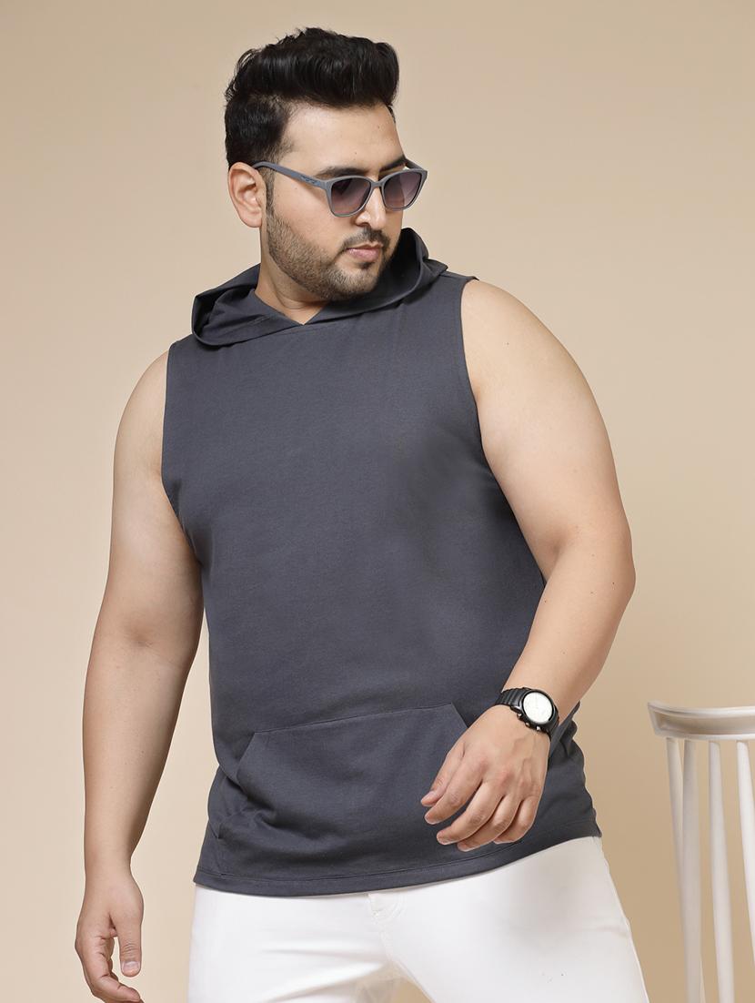 men grey slim fit solid plus size sleeveless t-shirt - 21364570 - Zoom Image - 0