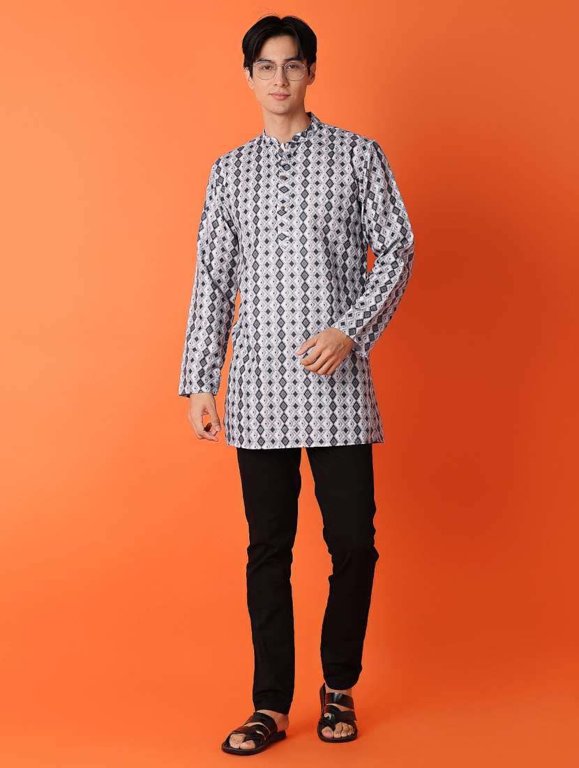 men printed mandarin neck short kurta - 21365480 -  Standard Image - 4