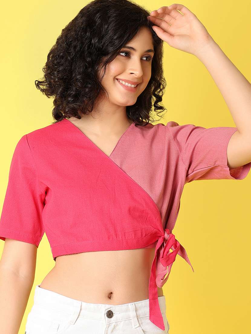 women pink color block crop top - 21366128 -  Standard Image - 1