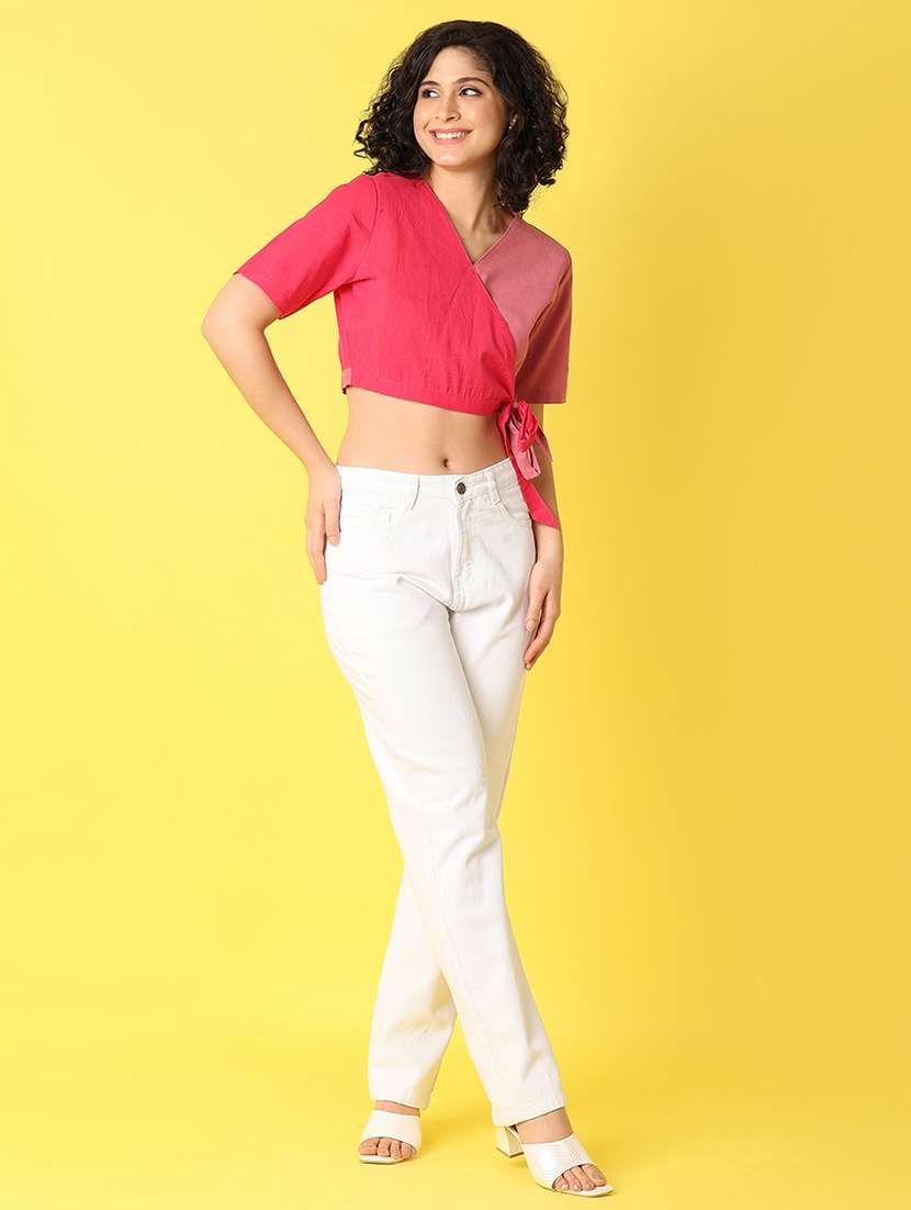 women pink color block crop top - 21366128 -  Standard Image - 4