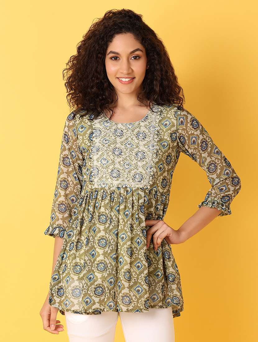 green printed flared kurti