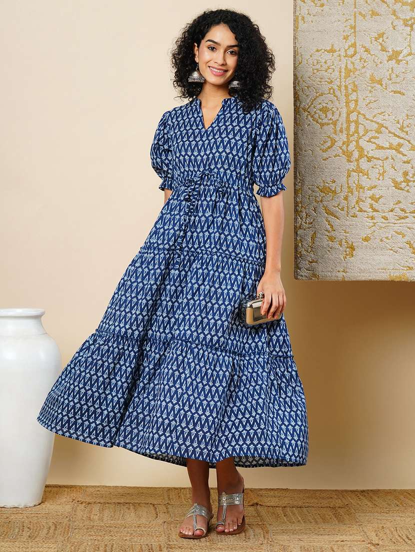Globus Women Indigo Ethnic Motif Printed Puff Sleeve Mandarin Collar Tired Waist Tie Up Maxi Dress