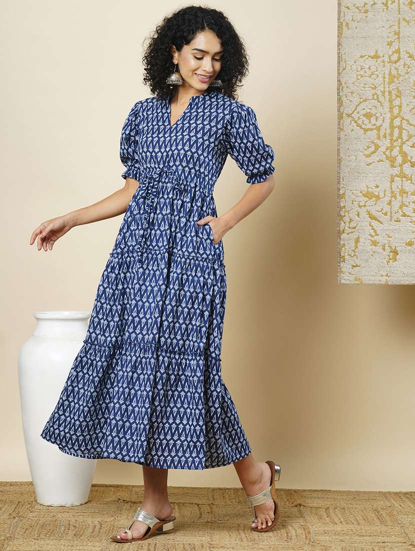 Globus Women Indigo Ethnic Motif Printed Puff Sleeve Mandarin Collar Tired Waist Tie Up Maxi Dress