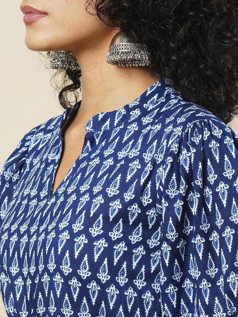 Globus Women Indigo Ethnic Motif Printed Puff Sleeve Mandarin Collar Tired Waist Tie Up Maxi Dress