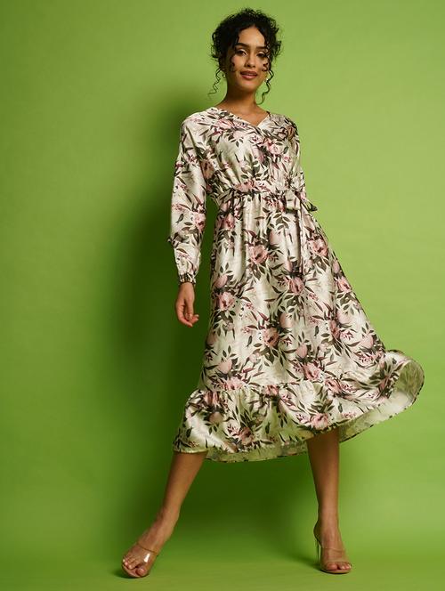 globus women multi white tropical print wrap neck bishop sleeves fit & flare belted midi dress - 21366509 -  Standard Image - 0