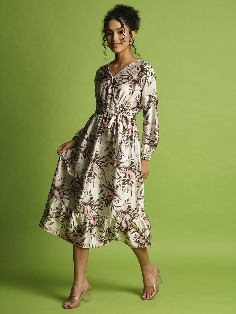 globus women multi white tropical print wrap neck bishop sleeves fit & flare belted midi dress - 21366509 -  Standard Image - 1