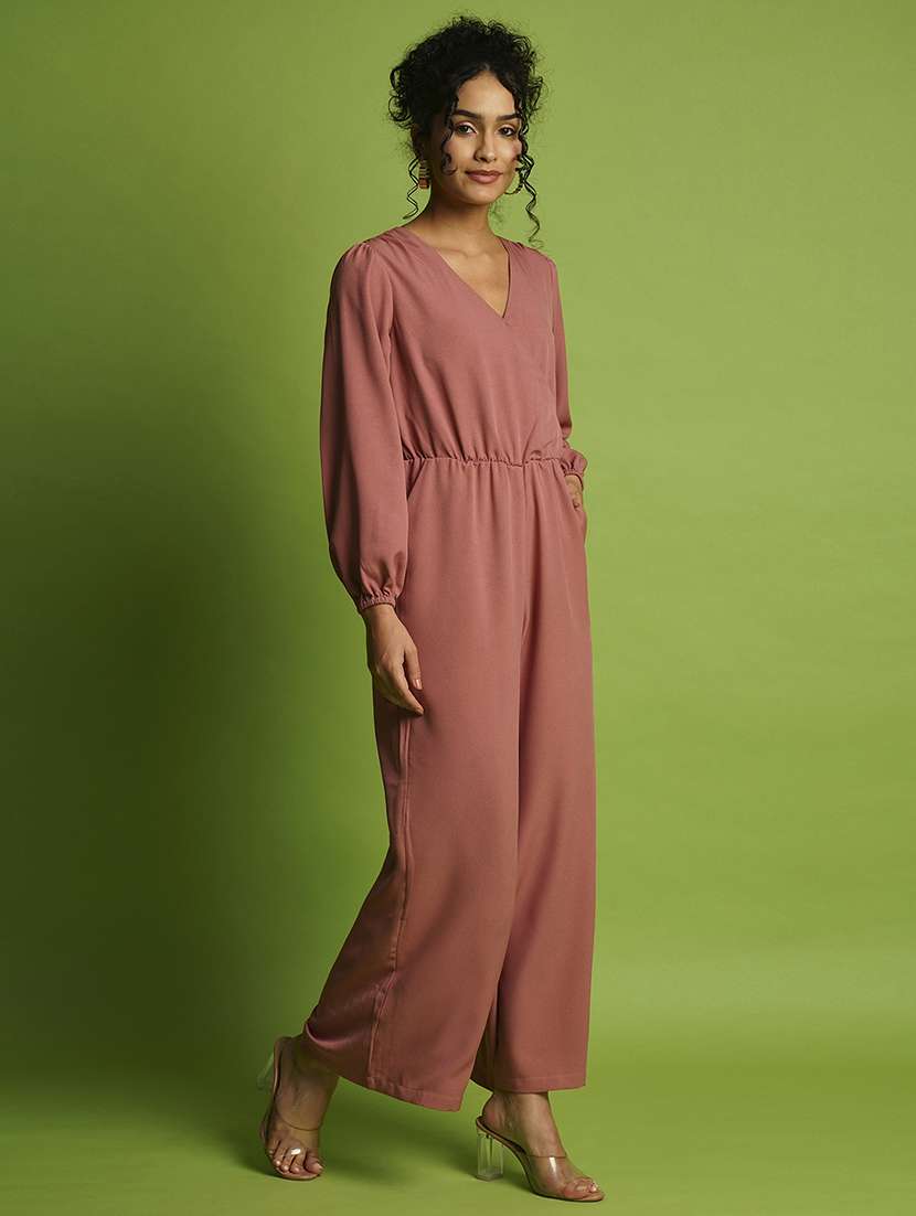 globus women dusty pink wrap neck bishop sleeves gathered waist workwear jumpsuit - 21366511 -  Standard Image - 1