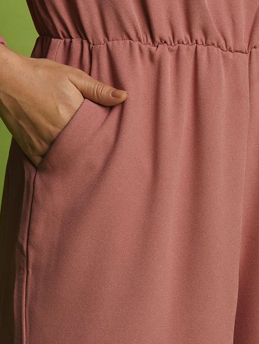 globus women dusty pink wrap neck bishop sleeves gathered waist workwear jumpsuit - 21366511 - Standard Image - 4