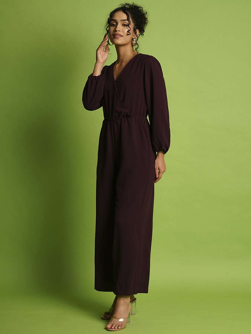 globus women wine wrap neck bishop sleeves gathered waist workwear jumpsuit - 21366512 -  Standard Image - 1