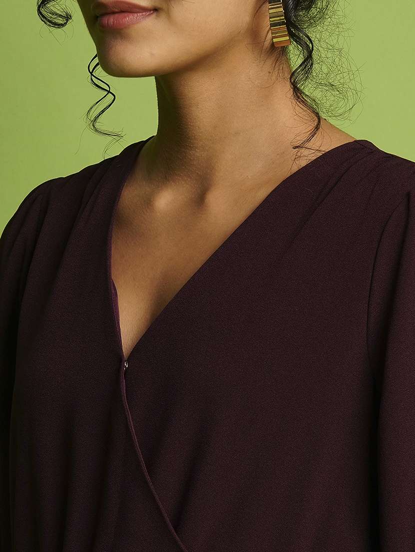 globus women wine wrap neck bishop sleeves gathered waist workwear jumpsuit - 21366512 -  Standard Image - 4