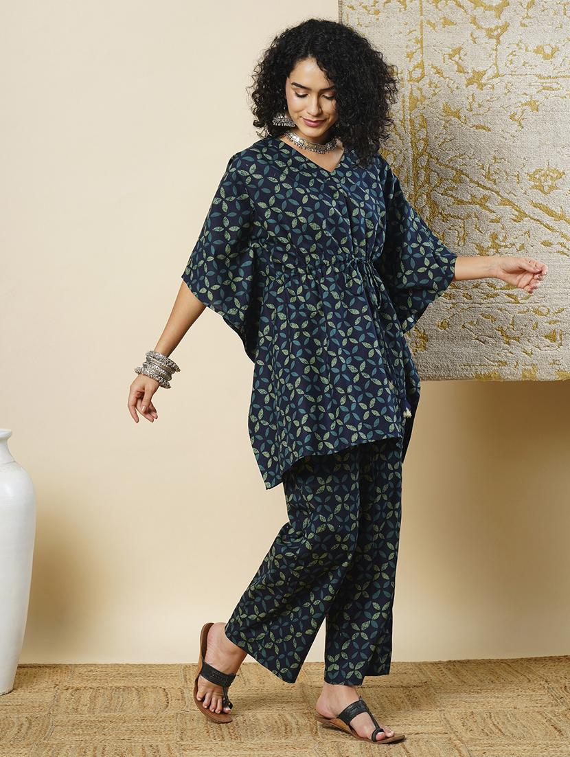 globus women blue v-neck allover abstract printed waist tie-up kaftan tunic & partially elasticated trousers fusion co-ord set - 21366513 - Standard Image - 1