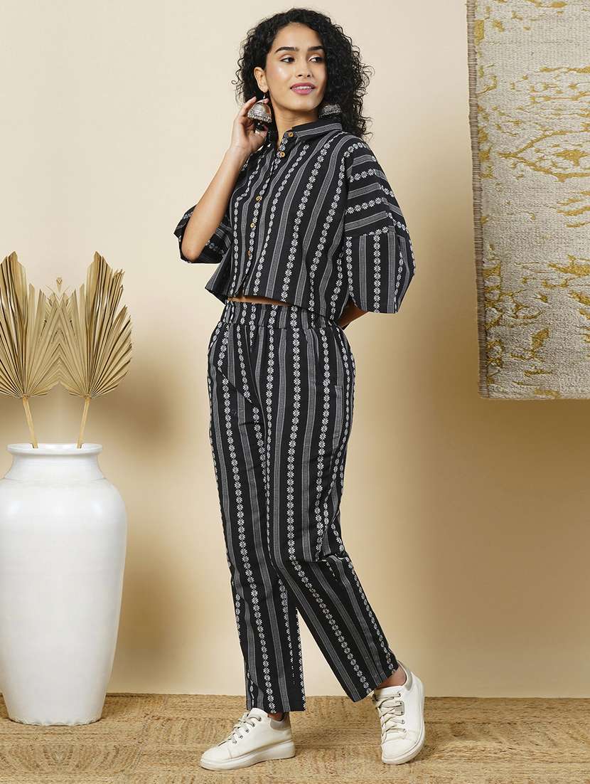 globus women black striped floral printed drop shoulder crop shirt & elasticated trousers fusion co-ord set - 21366516 -  Standard Image - 1