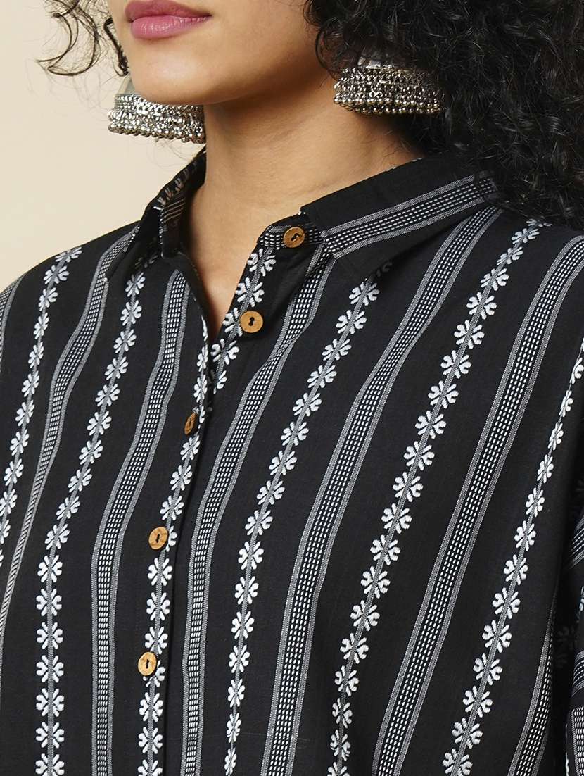 globus women black striped floral printed drop shoulder crop shirt & elasticated trousers fusion co-ord set - 21366516 -  Standard Image - 4