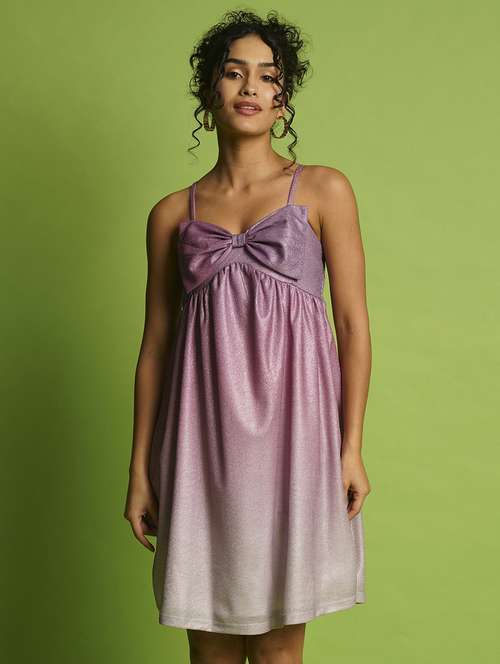 globus women purple shiny ombre sweetheart neck strappy shoulder smocked bow detail a-line party dress - 21366519 - Standard Image - 0