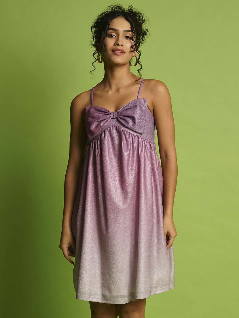 globus women purple shiny ombre sweetheart neck strappy shoulder smocked bow detail a-line party dress - 21366519 - Zoom Image - 0