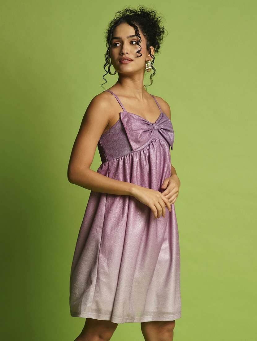 globus women purple shiny ombre sweetheart neck strappy shoulder smocked bow detail a-line party dress - 21366519 - Standard Image - 1