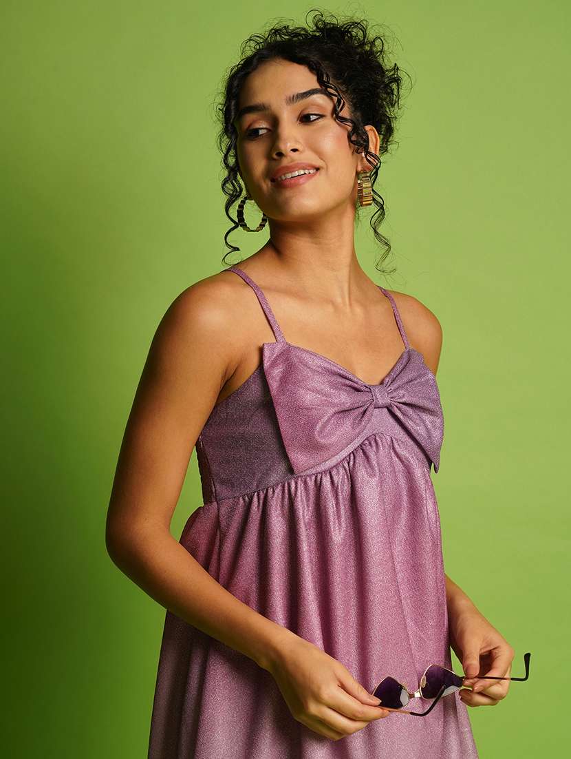 globus women purple shiny ombre sweetheart neck strappy shoulder smocked bow detail a-line party dress - 21366519 - Standard Image - 4
