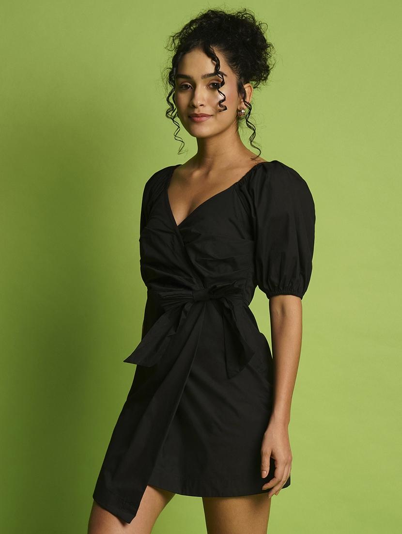 globus women black wrap neck puff sleeves side pleated waist tie-up mini bodycon party dress - 21366523 - Standard Image - 1