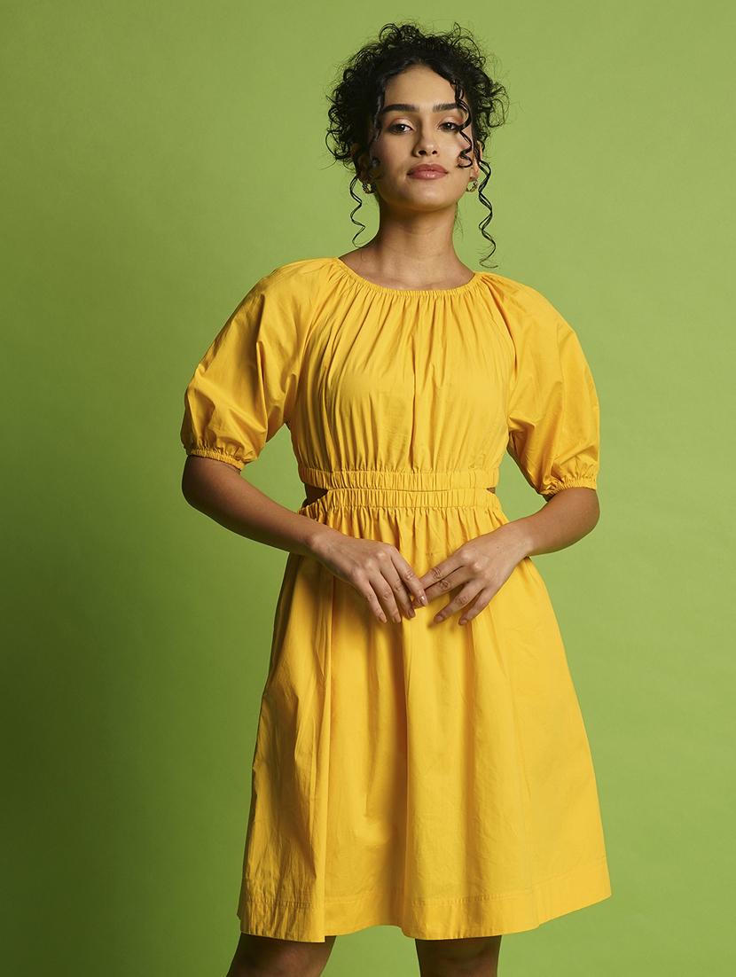 globus women yellow puff sleeves gathered cut-outs waist knee length fit & flare dress - 21366525 - Zoom Image - 0