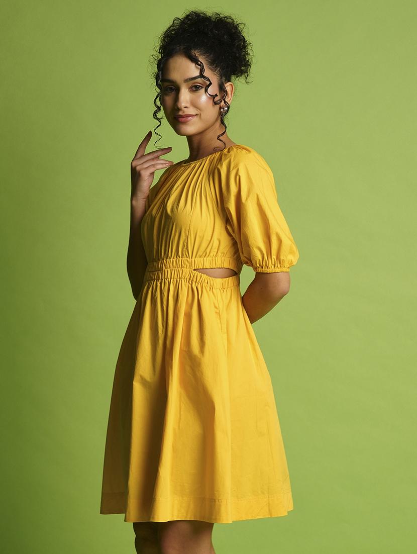 globus women yellow puff sleeves gathered cut-outs waist knee length fit & flare dress - 21366525 - Standard Image - 1