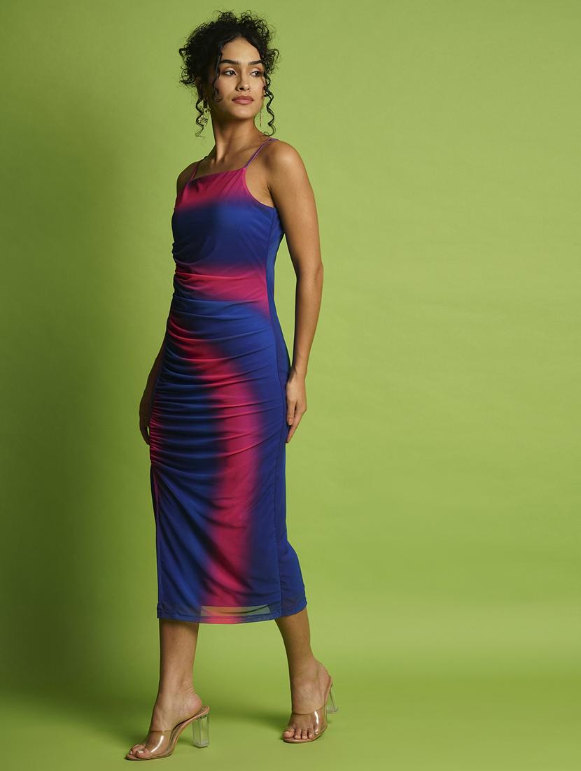 globus women fuchsia ombre square neck strappy shoulder ruched side slit midi bodycon party dress - 21366526 -  Standard Image - 1