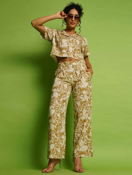 globus women beige abstract printed lapel collar crop shirt & pleated trousers co-ord set - 21366531 - Standard Image - 0