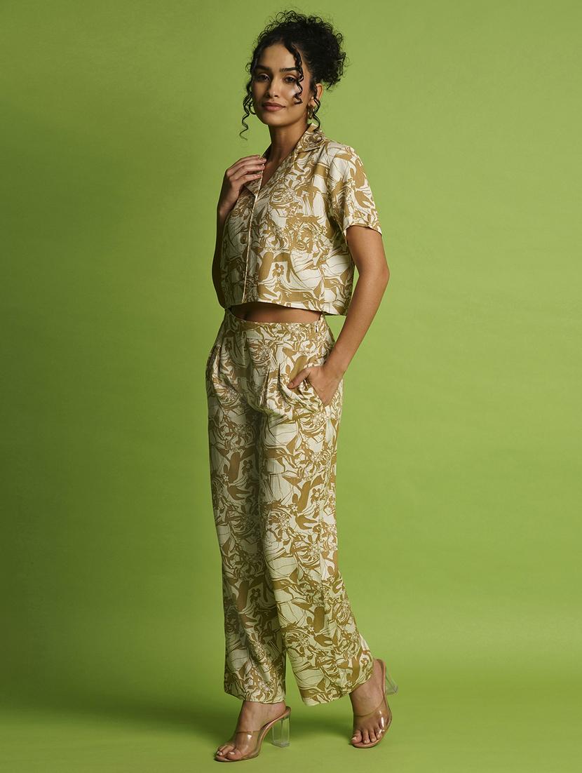 globus women beige abstract printed lapel collar crop shirt & pleated trousers co-ord set - 21366531 -  Standard Image - 1