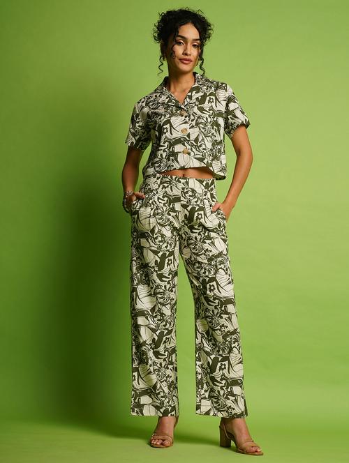 globus women green abstract printed lapel collar crop shirt & pleated trousers co-ord set - 21366532 - Standard Image - 0