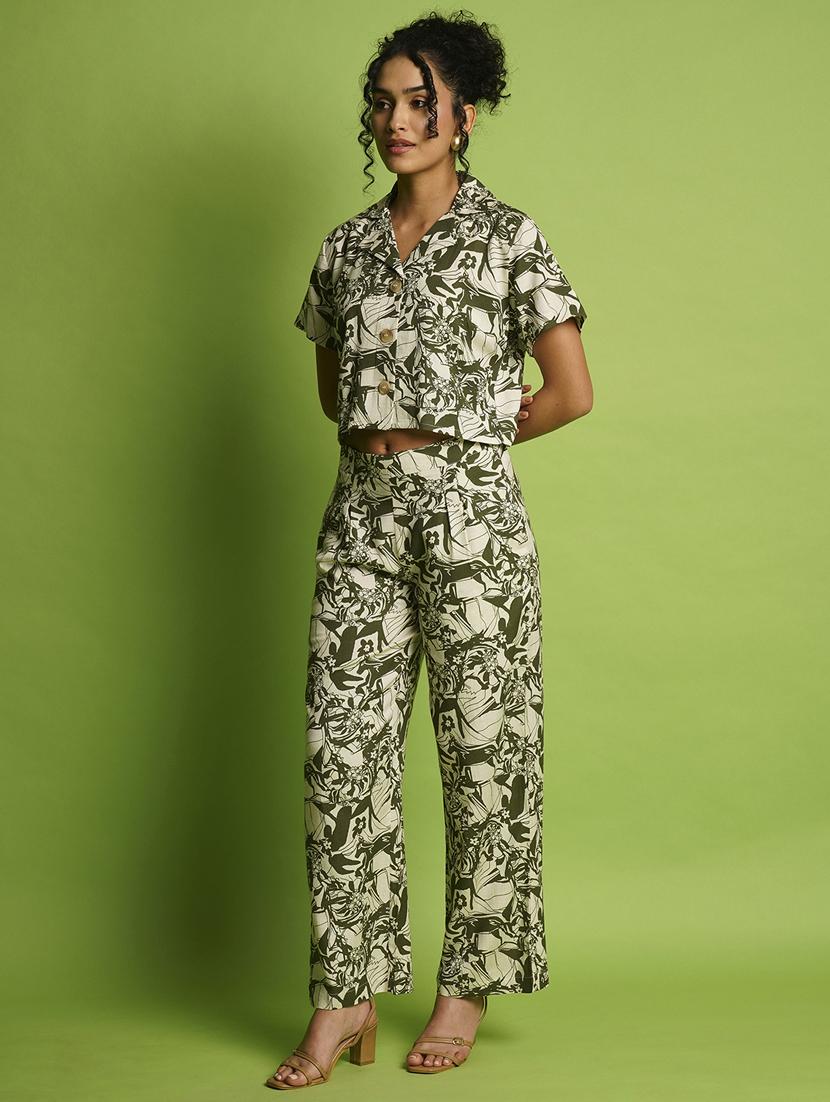 globus women green abstract printed lapel collar crop shirt & pleated trousers co-ord set - 21366532 -  Standard Image - 1