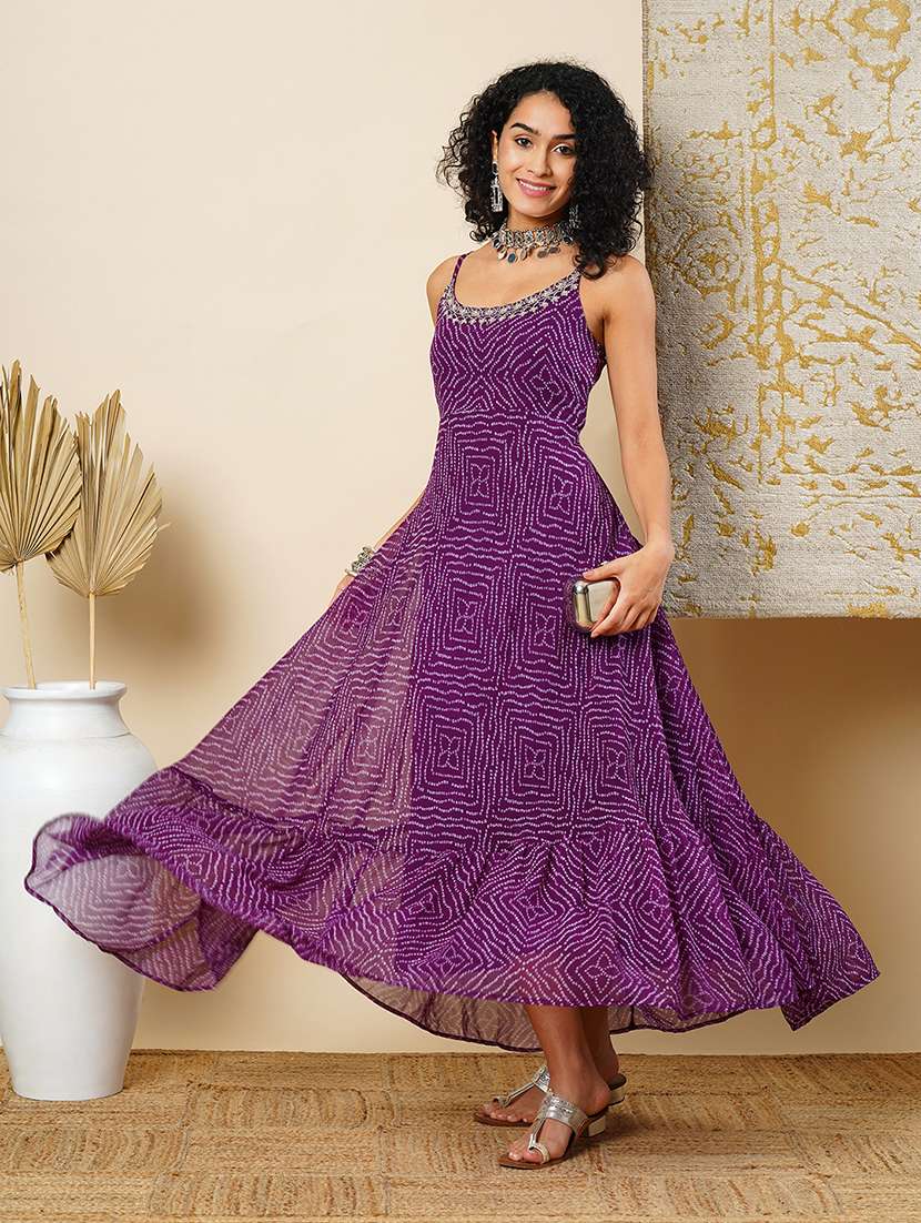 globus women purple strappy shoulder back tie-up flared hem bandhani printed a-line maxi dress