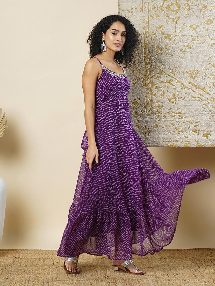 globus women purple strappy shoulder back tie-up flared hem bandhani printed a-line maxi dress - 21366541 - Standard Image - 1
