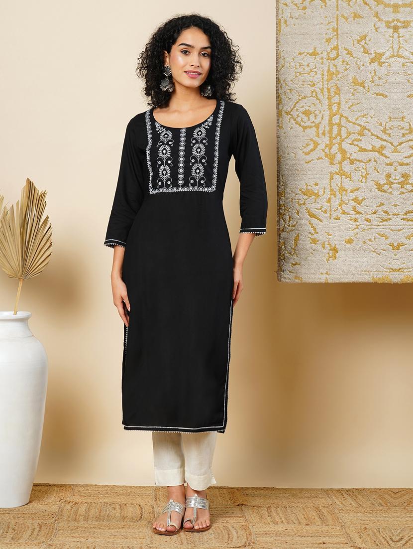 globus women black round neck embroidered yoke straight calf length kurta - 21366542 - Zoom Image - 0