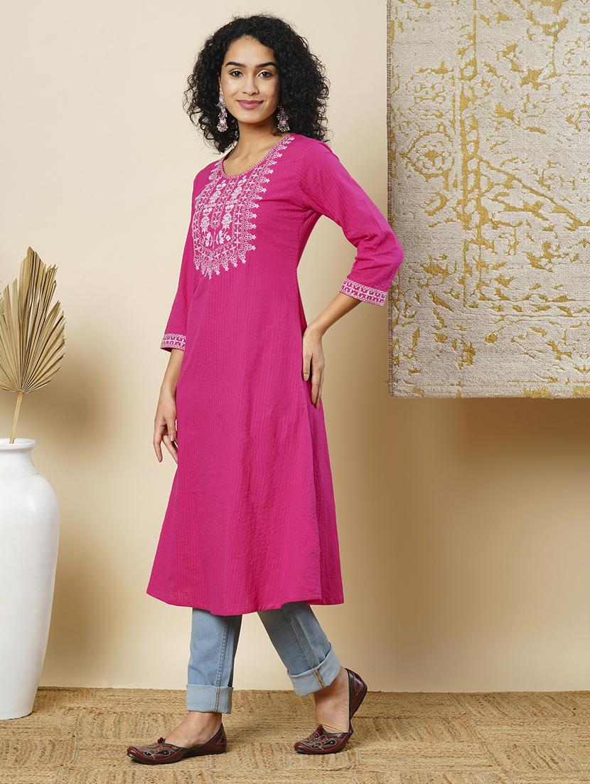 globus women pink cotton thread work embroidered yoke flared hem a-line workwear kurta - 21366544 - Standard Image - 1