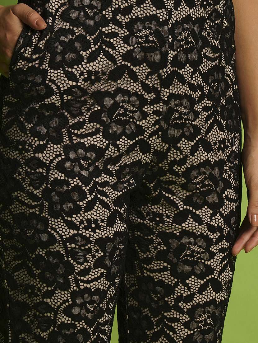 globus women black round neck allover floral lace longline jumpsuit - 21366556 -  Standard Image - 4