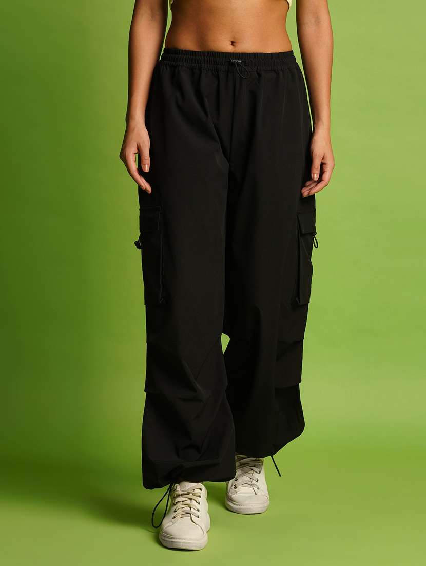globus women black mid rise loose fit drawstring waist toggle hem cargo joggers
