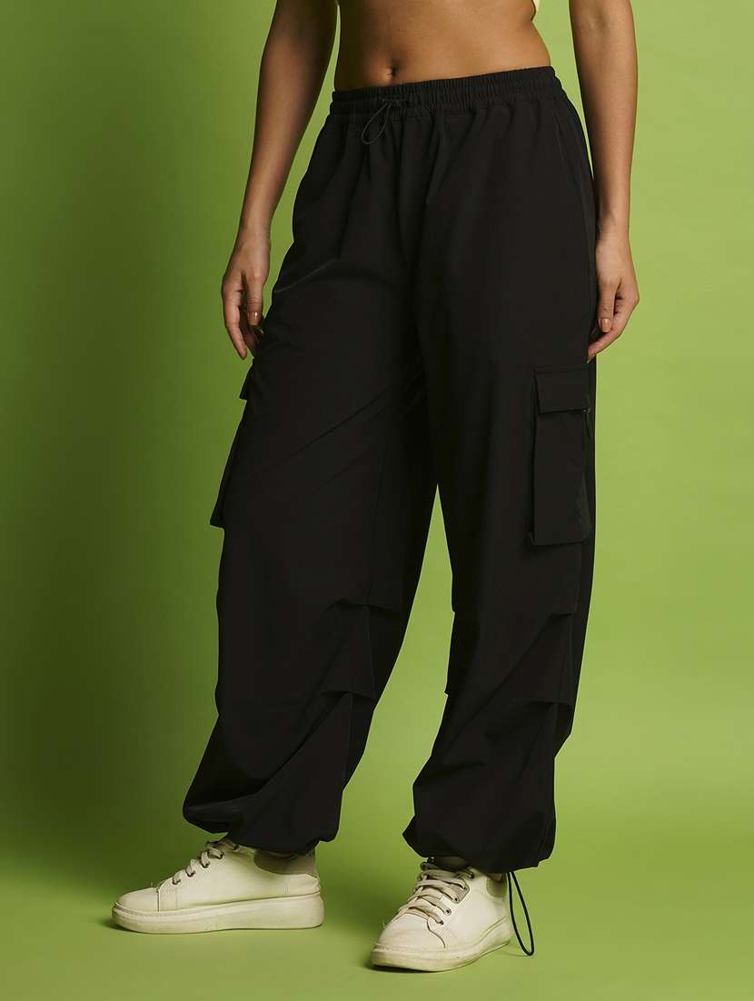 globus women black mid rise loose fit drawstring waist toggle hem cargo joggers - 21366559 -  Standard Image - 1
