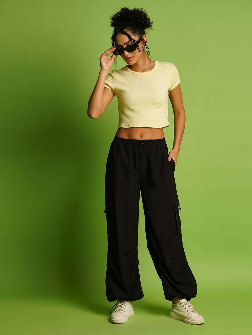 globus women black mid rise loose fit drawstring waist toggle hem cargo joggers - 21366559 -  Standard Image - 4