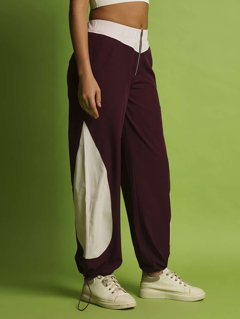globus women maroon & white mid rise loose fit zipper waist toggle hem joggers - 21366564 -  Standard Image - 1